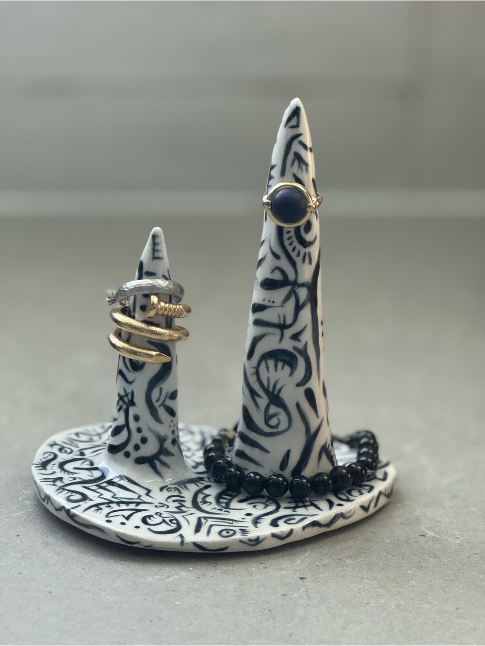 Hand-Painted Black & White Ceramic Ring Holder - Original Piece